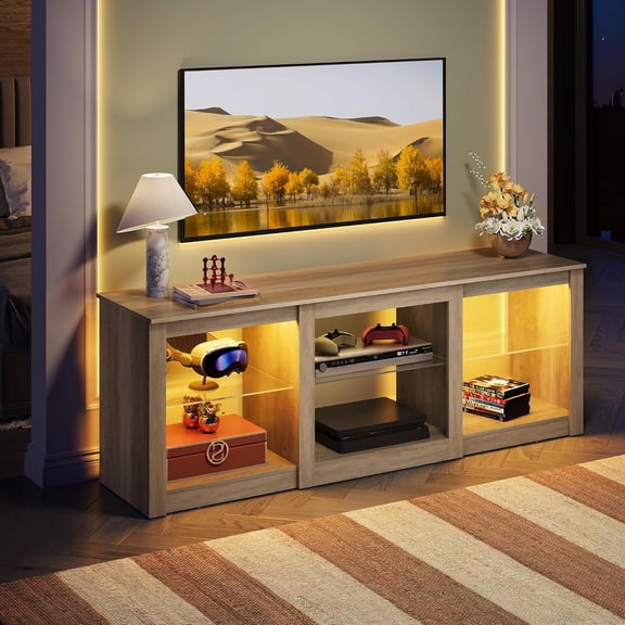 GALAXHERO 58" Modern LED TV Stand Entertainment Center for 65 70 Inch TV with Adjustable Glass Shelves & RGB Lights, Wood Media Console Table for Living Room, Bedroom, Gaming Room, Gray Oak