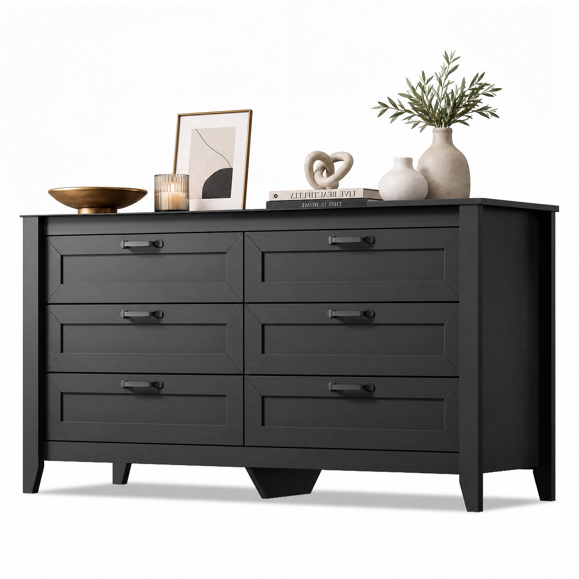 GALAXHERO 6-Drawer Double Wood Dresser - Farmhouse Chest of Drawers with Metal Handles for Bedroom, Living Room, Entryway, Black