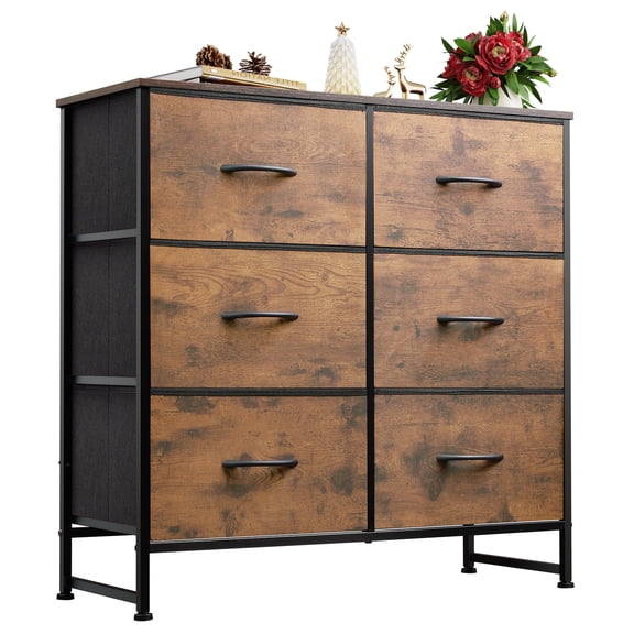 GALAXHERO 6 Drawer Dresser, Fabric Double Dresser, Storage Tower with Fabric Bins, Chest of Drawers for Bedroom, Closet, Living Room, Hallway, Rustic Brown Wood Grain Print