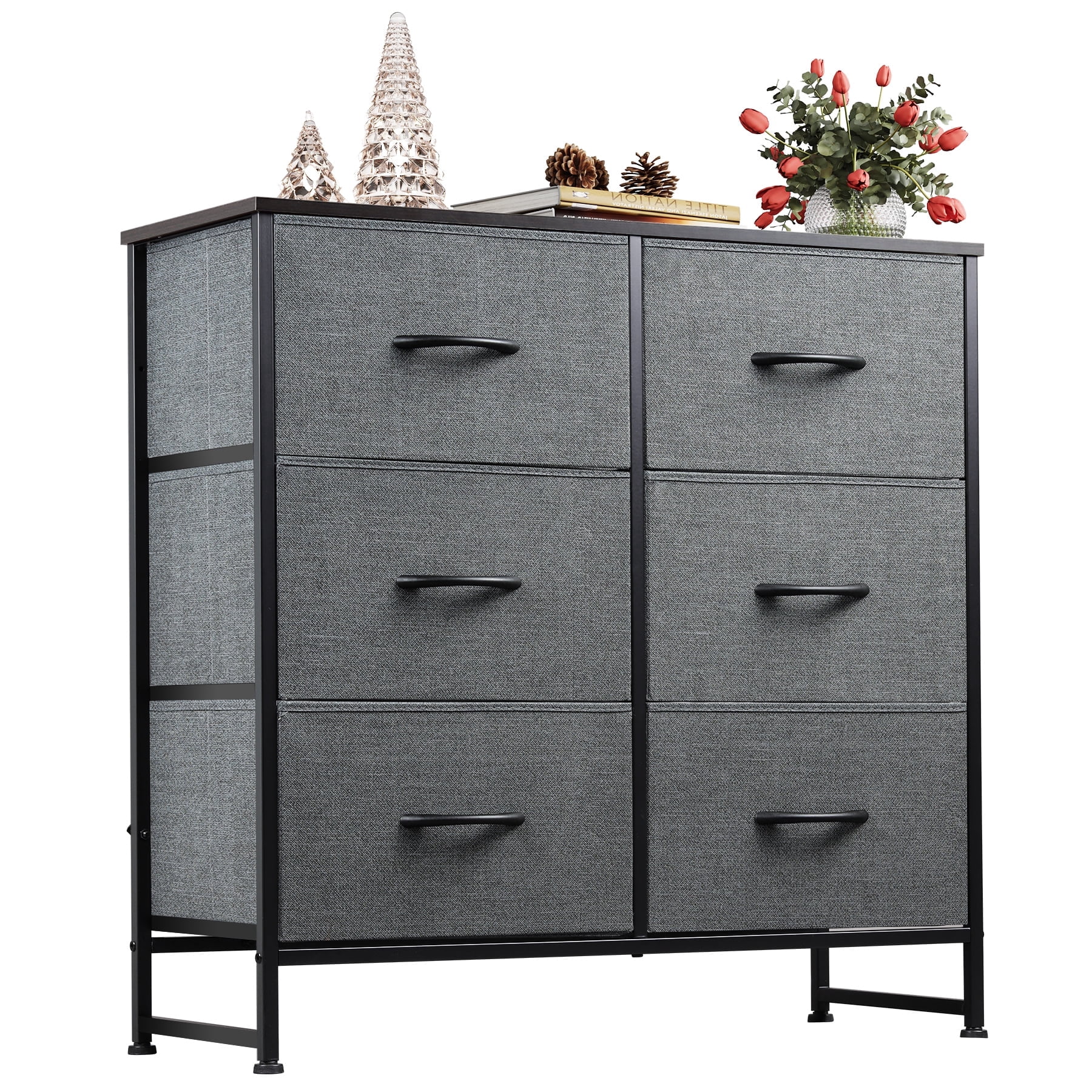 GALAXHERO 6 Drawer Fabric Dresser, Double Dresser with Storage Bins, Chest of Drawers for Bedroom, Living Room, Closet, Hallway, Dark Grey