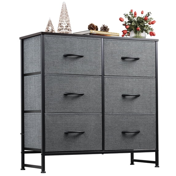 GALAXHERO 6 Drawer Fabric Dresser, Double Dresser with Storage Bins, Chest of Drawers for Bedroom, Living Room, Closet, Hallway, Dark Grey