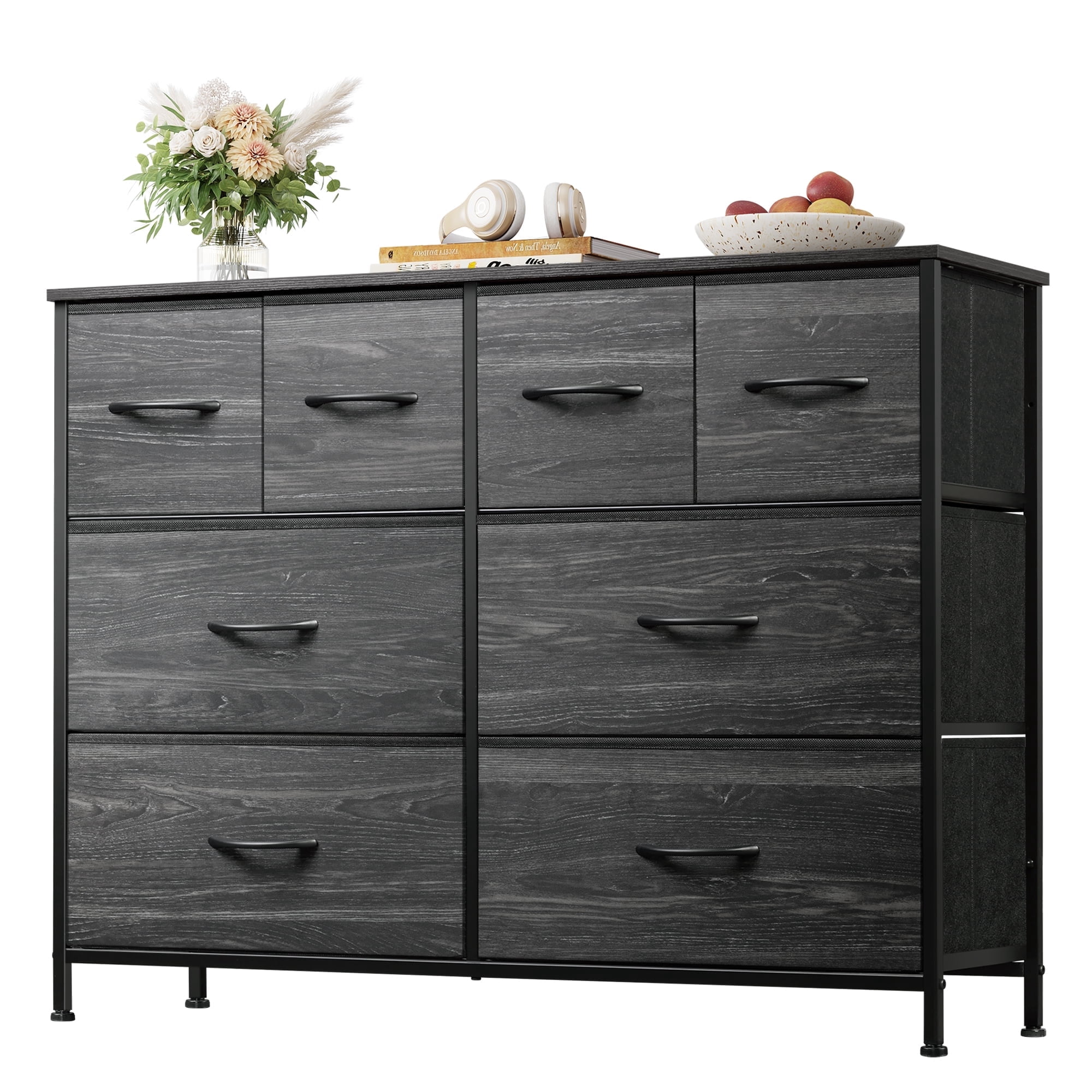 GALAXHERO 8 Drawers Dresser for Bedroom, Wide Fabric Storage Chest Drawers for Closet, Entryway, Charcoal Black Wood Grain