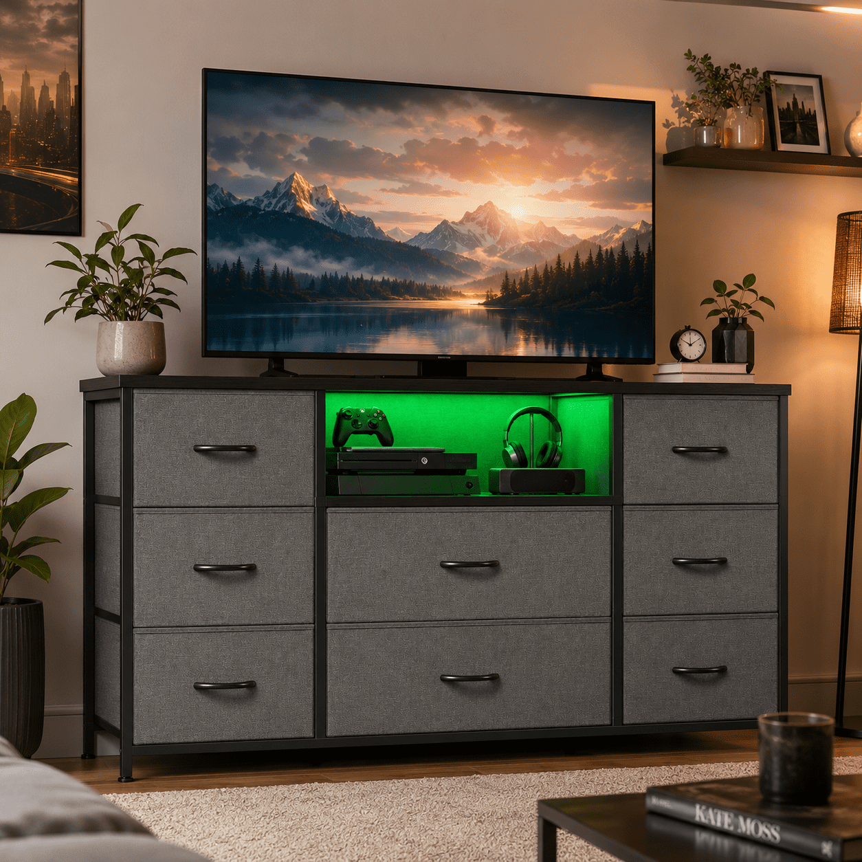 GALAXHERO 8 Drawer Large Dresser with Charging Station and LED Lights, Fabric Chest with Open Shelves, TV Stand for 55" TV, Bedroom and Living Room, Dark Grey