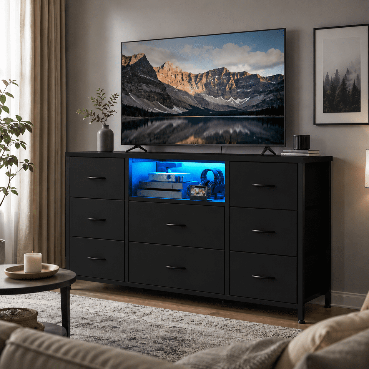 GALAXHERO 8-Drawer Dressers for Bedroom, Dresser TV Stand for 55'' TV with LED Lights and Power Outlets, Fabric Chest of Drawers for Living Room, Entryway, Black