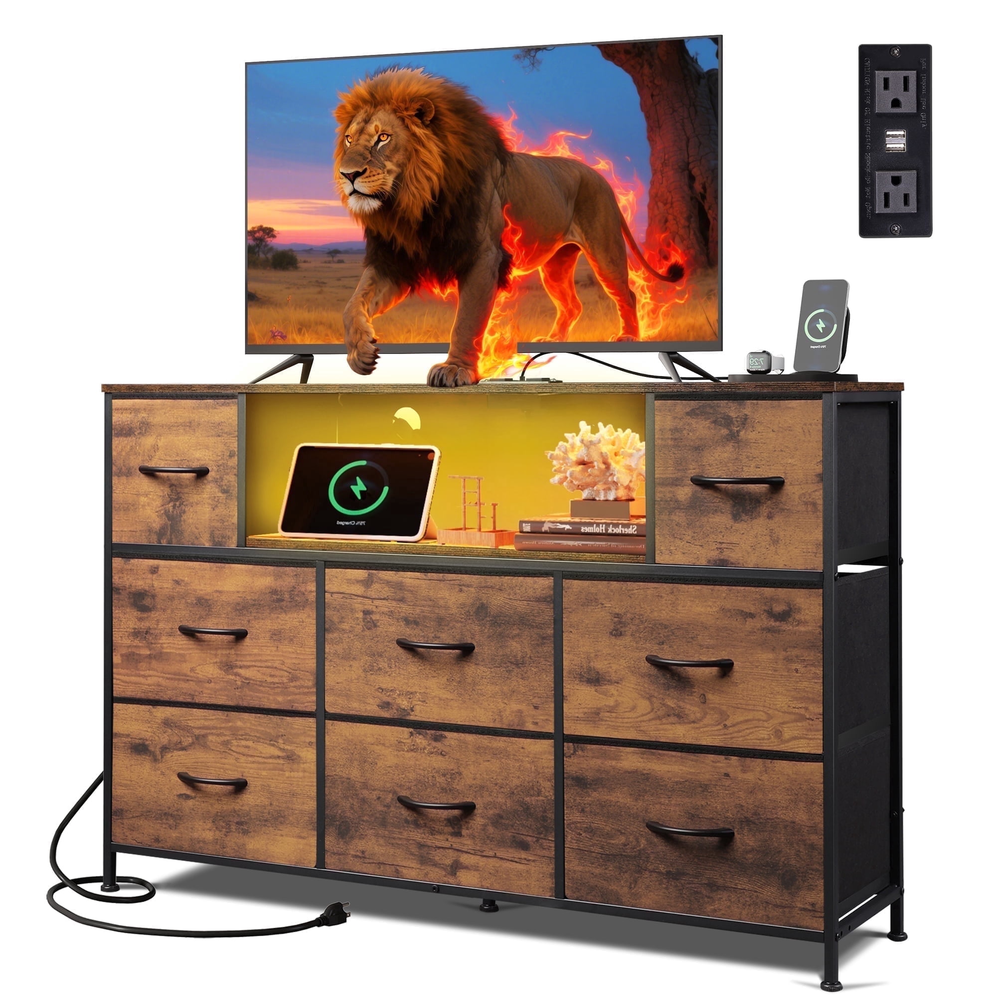 GALAXHERO 8-Drawer Large Dressers for Bedroom, TV Stand for 55'' TV with Charging Station and LED Lights, Rustic Brown Wood Grain Print
