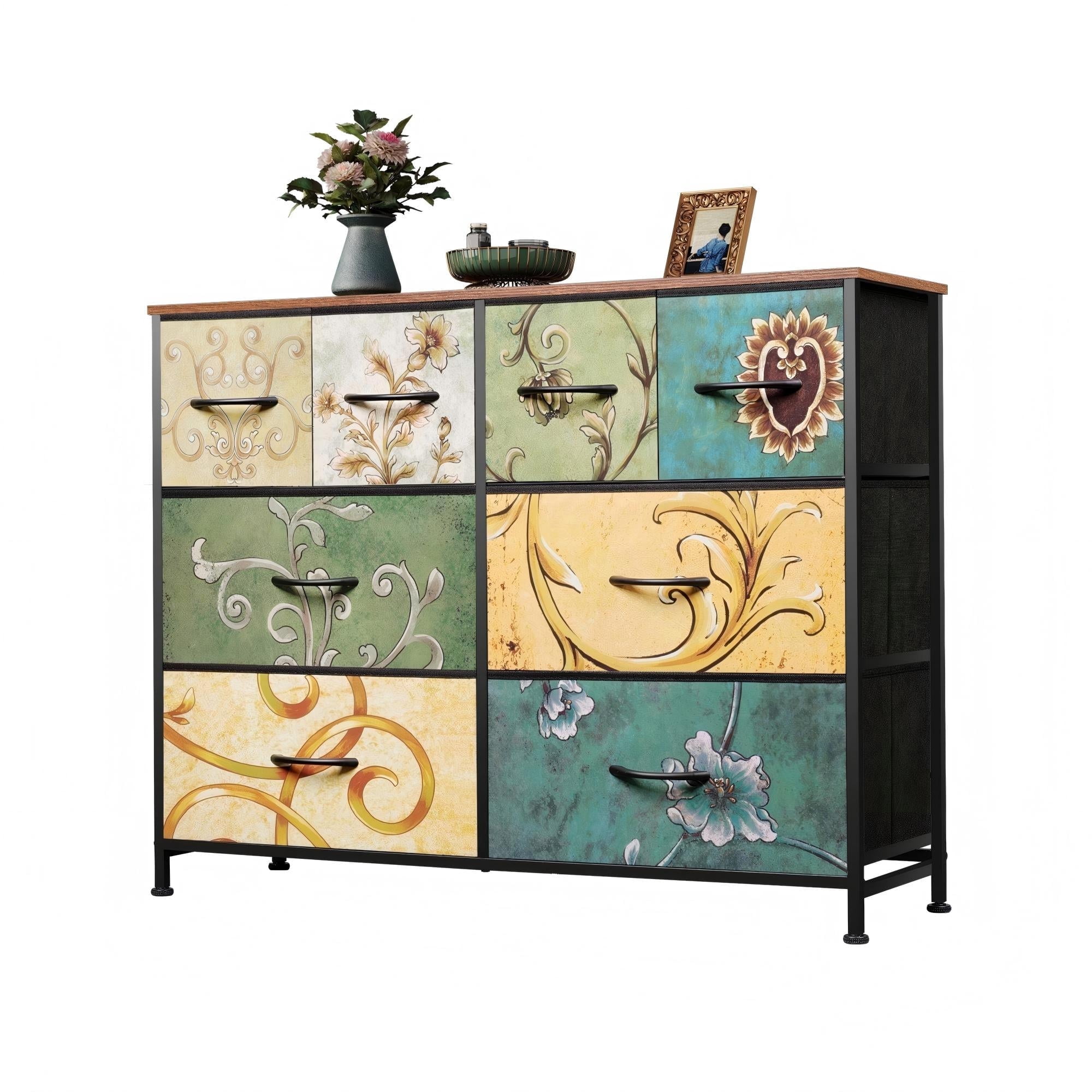 GALAXHERO 8-Drawer Fabric Dresser Storage Organizer Unit, Chest of Drawers with Fabric Bins for Bedroom, Closet, Living Room, Hallway, Floral Painted