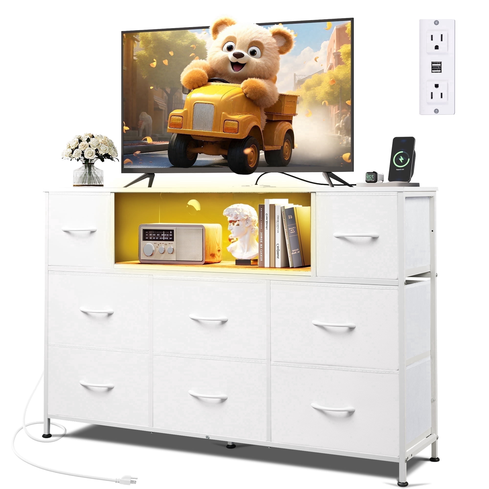 GALAXHERO 8-Drawer Dressers for Bedroom, Dresser TV Stand for 55'' TV with LED Lights and Power Outlets, Fabric Chest of Drawers for Living Room, Entryway, White