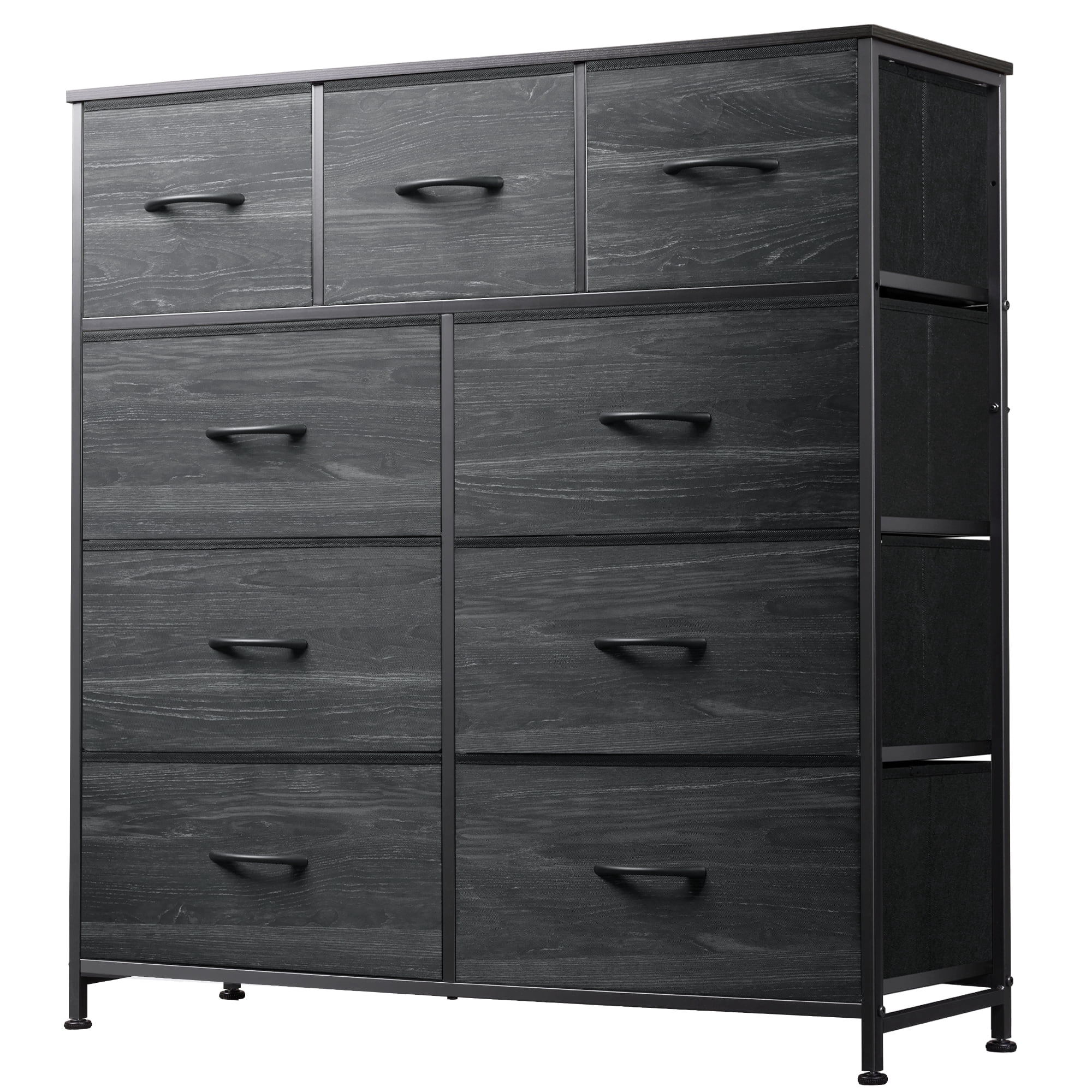 GALAXHERO 9-Drawer Fabric Dresser, Tall Storage Tower for Bedroom, Entryway, Closet, Chest Organizer Unit with Fabric Bins, Steel Frame, Wood Top, Easy Pull Handle, Charcoal Black Wood Grain Print