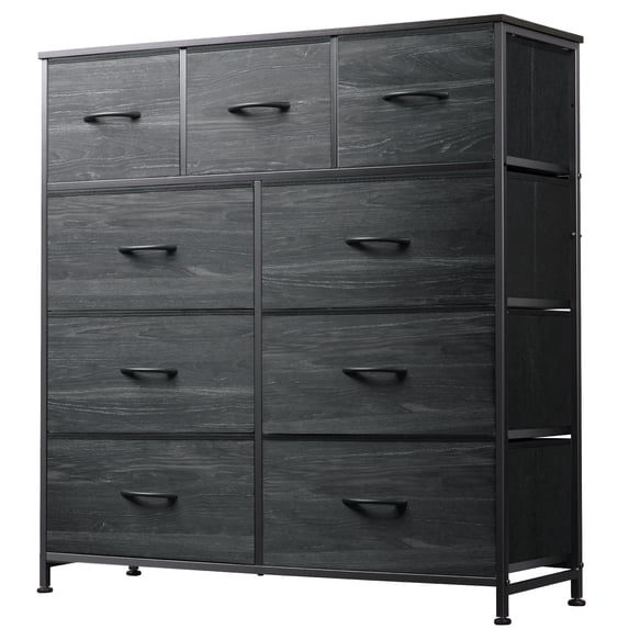 GALAXHERO 9-Drawer Fabric Dresser, Tall Storage Tower for Bedroom, Entryway, Closet, Chest Organizer Unit with Fabric Bins, Steel Frame, Wood Top, Easy Pull Handle, Charcoal Black Wood Grain Print