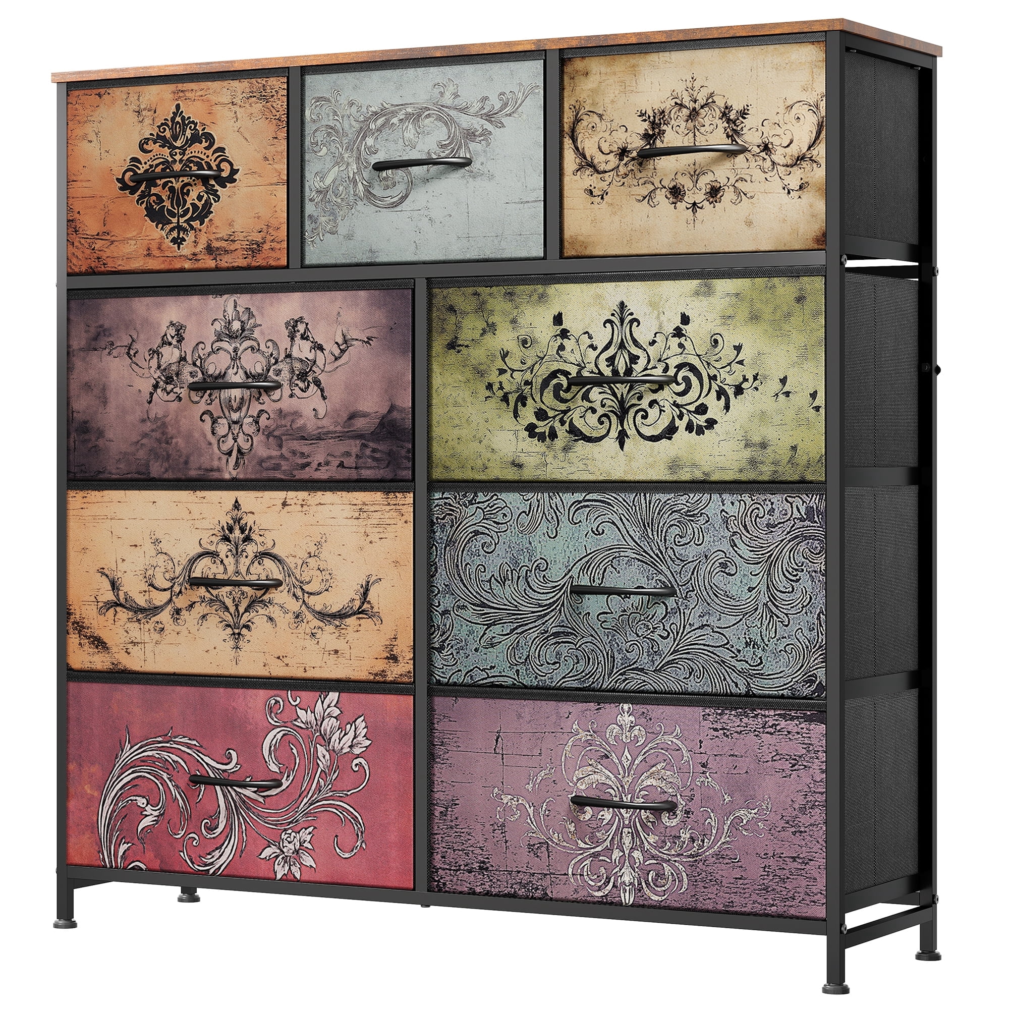 GALAXHERO 9-Drawer Fabric Dresser, Tall Storage Tower for Bedroom, Hallway, Entryway, Closet, Chest Organizer Unit with Fabric Bins, Steel Frame, Wood Top, Easy Pull Handle, Pattern
