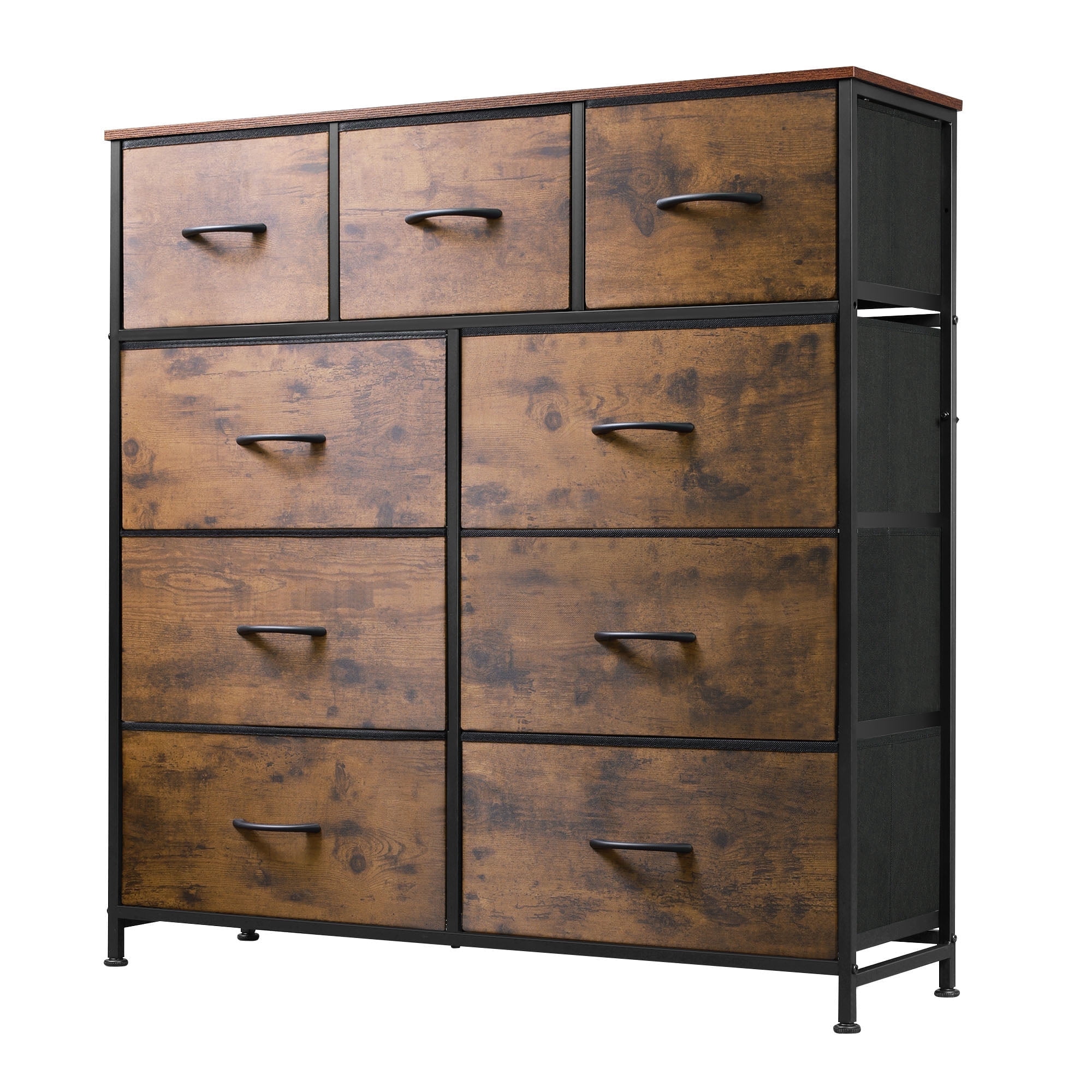 GALAXHERO 9-Drawer Fabric Dresser, Tall Storage Tower for Bedroom, Hallway, Entryway, Closet, Chest Organizer Unit with Fabric Bins, Steel Frame, Wood Top, Rustic Brown Wood Grain Print