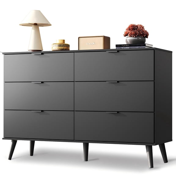 GALAXHERO 6 Drawer Wood Dresser, 47.2" Wide Chest of Drawer with Metal Handles, TV Stand for 55" TV, Double Dresser for Bedroom, Living Room, Hallway, Closet, Black