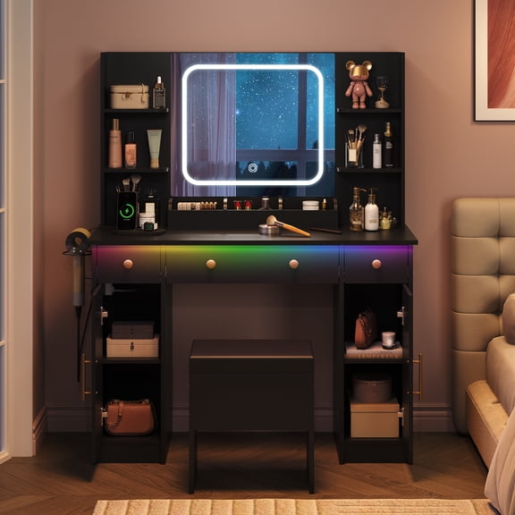 GALAXHERO Black Vanity Desk with Lighted Mirror and Chair, RGB Lights, Charging Station, Makeup Table with 3 Drawers and 2 Cabinets, Vanity Stools with Storage for Bedroom