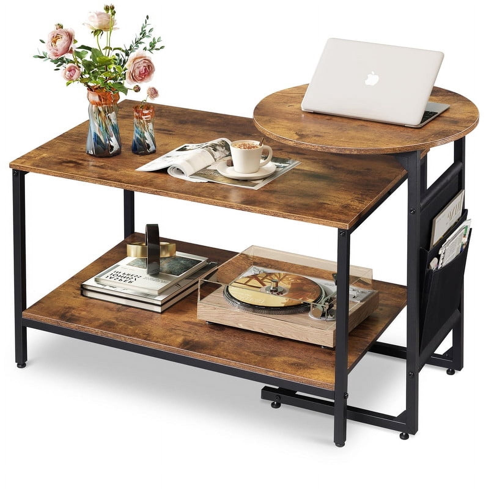 GALAXHERO Coffee Table, 31.3" and 18.7" Small Coffee Tables for Living Room, Modern Center Table and Side Table Set with Storage Side Pouch for Bedroom, Apartment, Rustic Brown