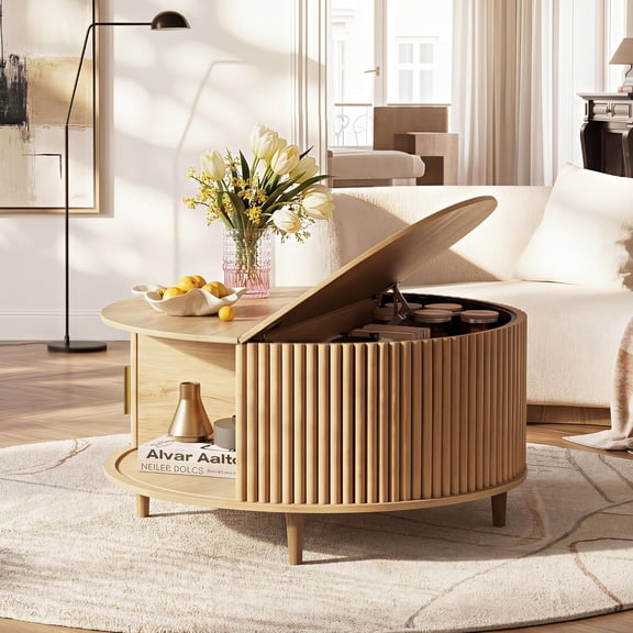 GALAXHERO Coffee Table, 31.5" Round Coffee Tables with Storage and Sliding Cabinet Door, Mid Century Modern Fluted Center Table for Living Room, Small Space, Natural Oak