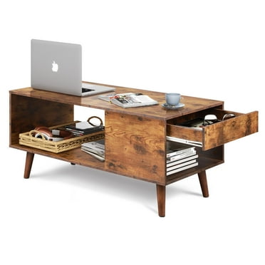 GALAXHERO Coffee Table, 39.4" Wood Coffee Table with Sliding Top up to 50" TV, Modern Center Table with Open Storage Shelf for Living Room, Bedroom, Rustic Brown