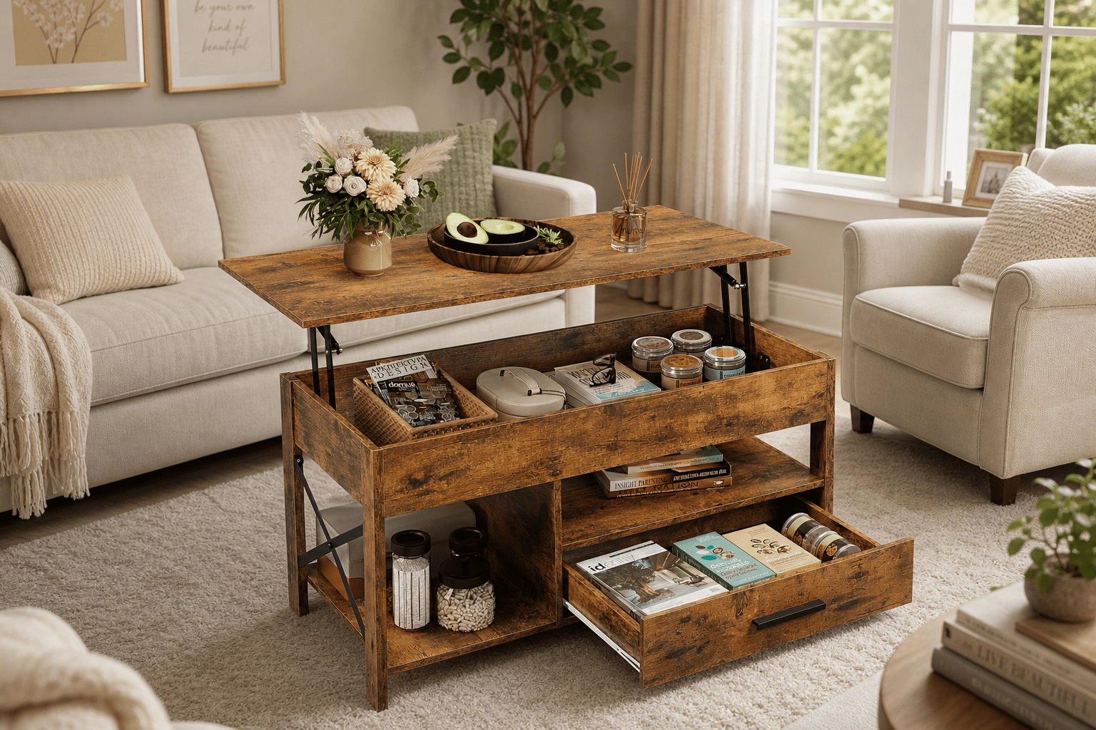 GALAXHERO Coffee Table, 39" Lift Top Coffee Table with Hidden Compartment, Storage Drawers and Storage Shelf for Living Room, Reception Room, Rustic Brown