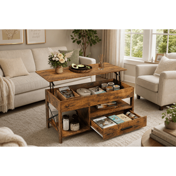 GALAXHERO Coffee Table, 39" Lift Top Coffee Table with Hidden Compartment, Storage Drawers and Storage Shelf for Living Room, Reception Room, Rustic Brown