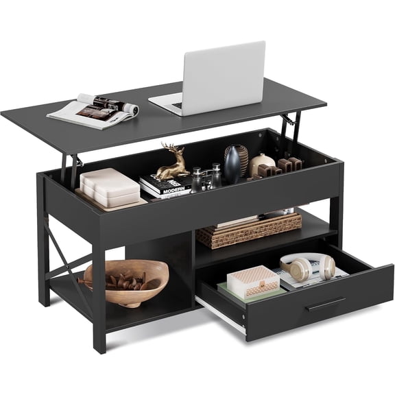 GALAXHERO Coffee Table, 39" Lift Top Coffee Table with Hidden Compartment, Storage Drawers and Storage Shelf for Living Room, Reception Room, Black