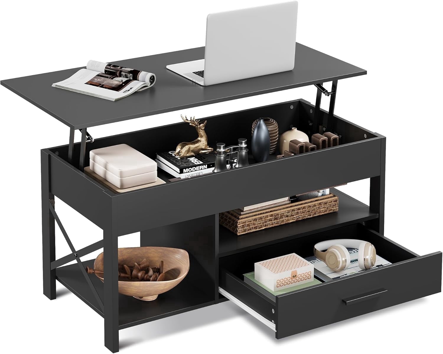 GALAXHERO Coffee Table, 39" Lift Top Coffee Table with Hidden Compartment, Storage Drawers and Storage Shelf for Living Room, Reception Room, Black