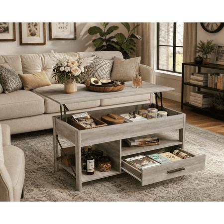 GALAXHERO Coffee Table, 39" Lift Top Coffee Table with Hidden Compartment, Storage Drawers and Storage Shelf for Living Room, Reception Room Greige