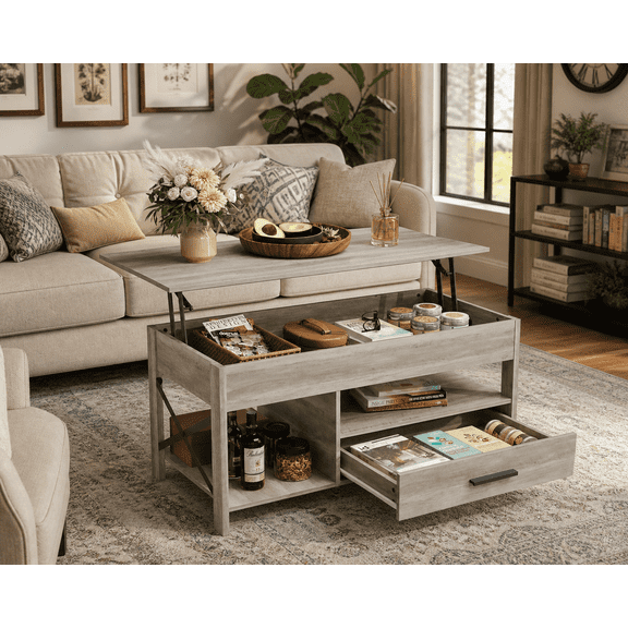 GALAXHERO Coffee Table, 39" Lift Top Coffee Table with Hidden Compartment, Storage Drawers and Storage Shelf for Living Room, Reception Room Greige