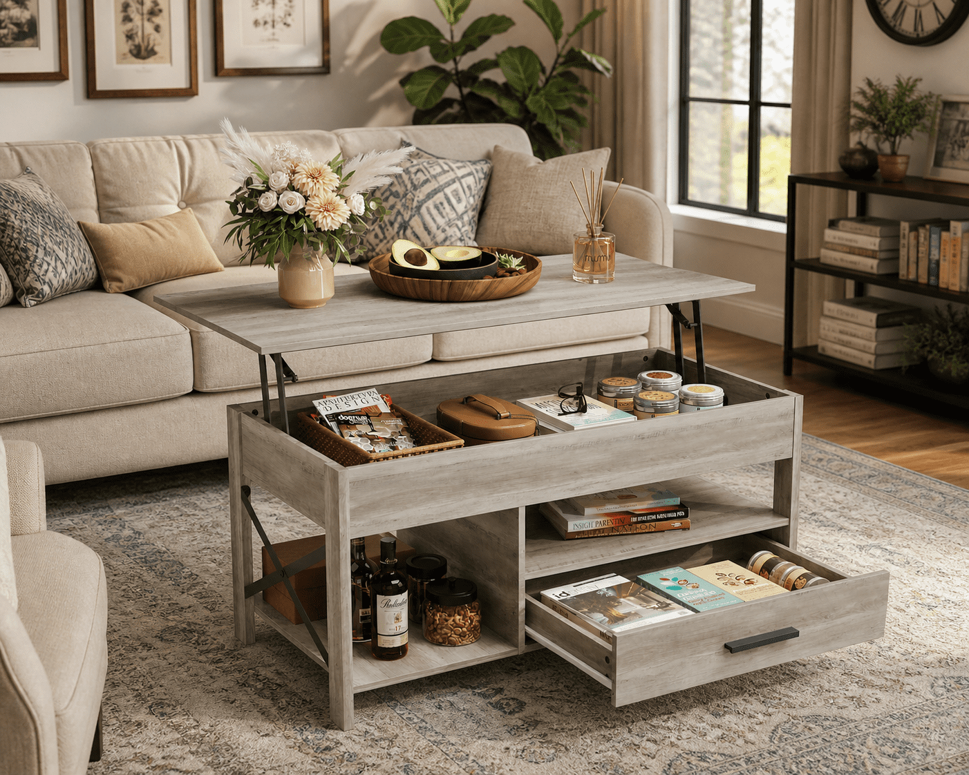 GALAXHERO Coffee Table, 39" Lift Top Coffee Table with Hidden Compartment, Storage Drawers and Storage Shelf for Living Room, Reception Room Greige