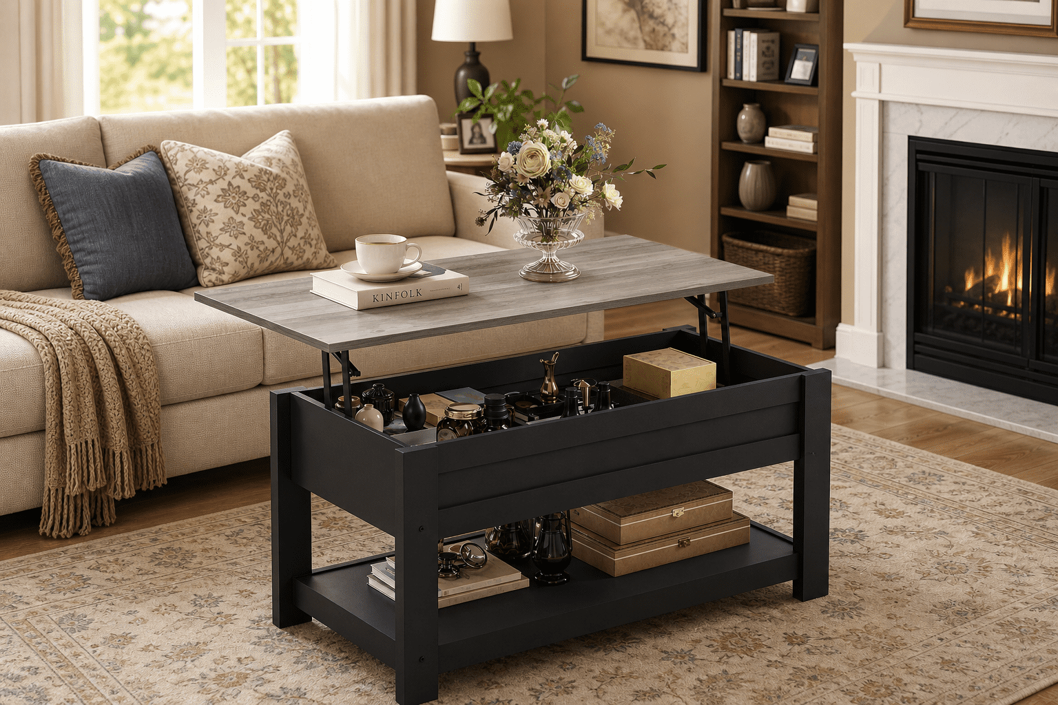 GALAXHERO 39" Lift Top Coffee Table with Hidden Storage and Storage Shelf Lift Up Coffee Table for Living Room Greige