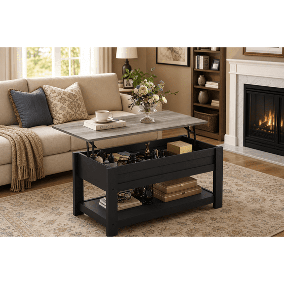 GALAXHERO 39" Lift Top Coffee Table with Hidden Storage and Storage Shelf Lift Up Coffee Table for Living Room Greige