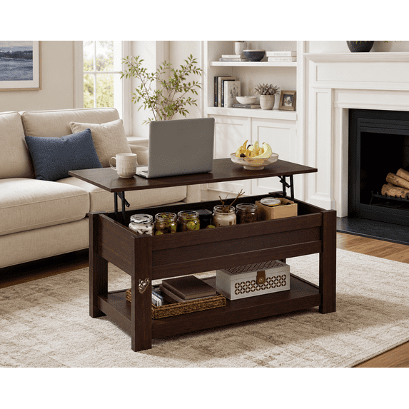 GALAXHERO 39" Lift Top Coffee Table with Hidden Storage and Storage Shelf Lift Up Coffee Table for Living Room Red-Brown