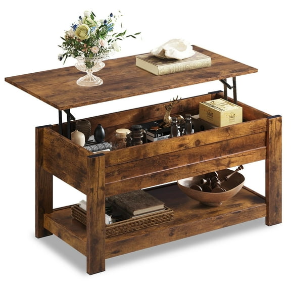 GALAXHERO Coffee Table, 39" Lift Top Coffee Table with Hidden Storage and Storage Shelf for Living Room, Rustic Brown