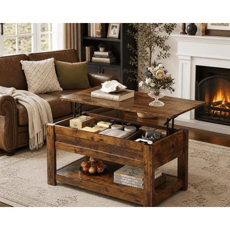 GALAXHERO 39" Lift Top Coffee Table with Hidden Storage and Storage Shelf Lift Up Coffee Table for Living Room Rustic Brown
