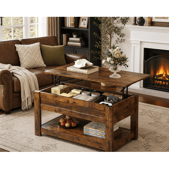GALAXHERO 39" Lift Top Coffee Table with Hidden Storage and Storage Shelf Lift Up Coffee Table for Living Room Rustic Brown