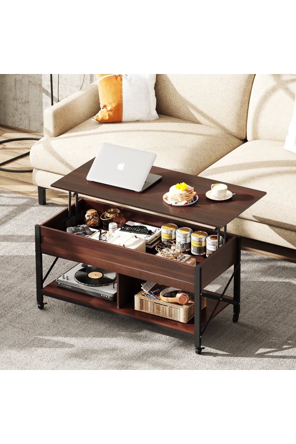 Coffee Table, 41.3" Lift Top Coffee Table with 4 Wheels, Hidden Compartment, Storage Shelf and Lift Tabletop for Living Room, Reception Room, Espresso