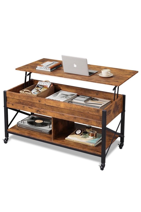Coffee Table, 41.3" Lift Top Coffee Table with 4 Wheels, Hidden Compartment, Storage Shelf and Lift Tabletop for Living Room, Reception Room, Rustic Brown