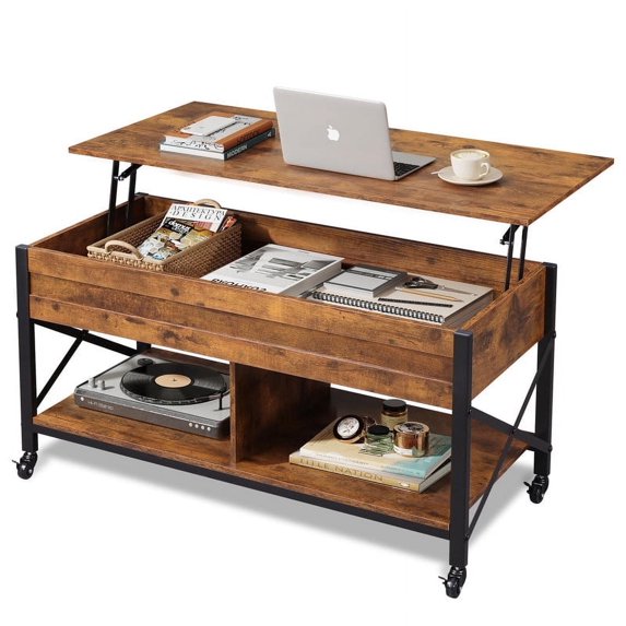 GALAXHERO Coffee Table, 41.3" Lift Top Coffee Table with 4 Wheels, Hidden Compartment, Storage Shelf and Lift Tabletop for Living Room, Reception Room, Rustic Brown