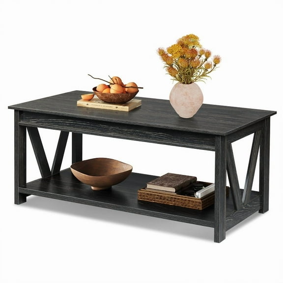 GALAXHERO Coffee Table 43" with Storage Shelf and Sturdy V-Shaped Support, Farmhouse Wood Center Table for Living Room, Bedroom, Office, Balcony, Black