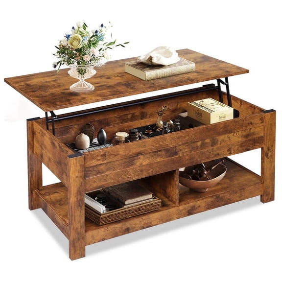 GALAXHERO Coffee Table, 47" Lift Top Coffee Table with Hidden Compartment and 2 Storage Shelves for Living Room, Rustic Brown