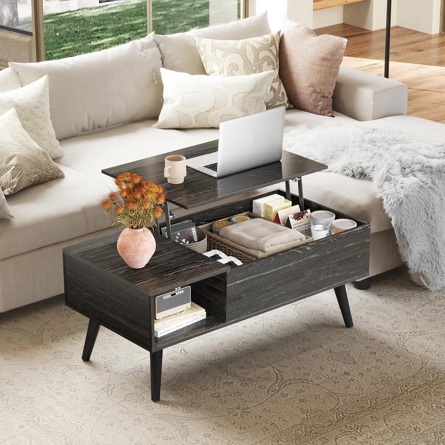 GALAXHERO Lift Top Coffee Table with Storage Small Living Room Table with Storage Shelf & Hidden Compartment Black Oak