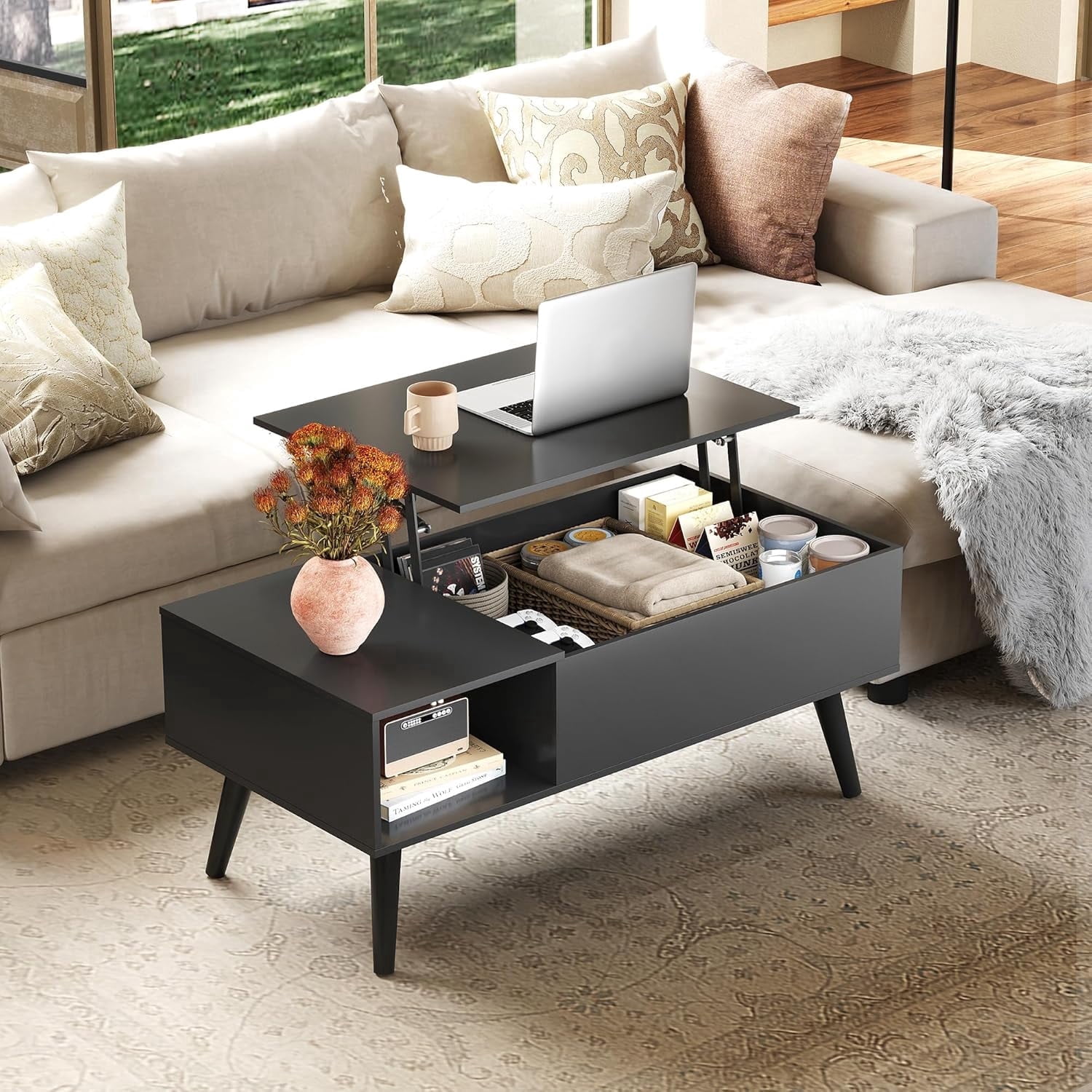 GALAXHERO Lift Top Coffee Table with Storage Small Living Room Table with Storage Shelf & Hidden Compartment Black