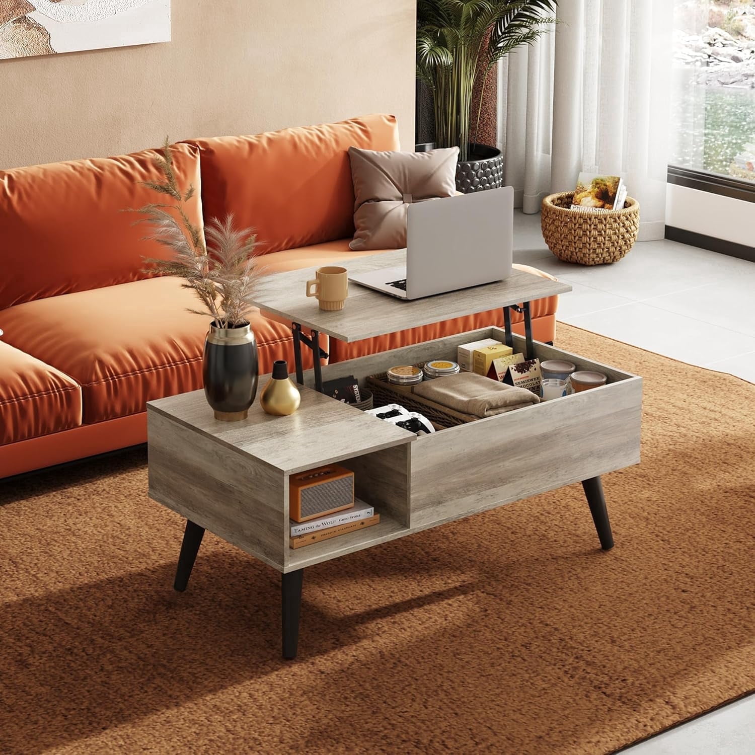 GALAXHERO Lift Top Coffee Table with Storage Small Living Room Table with Storage Shelf & Hidden Compartment Greige