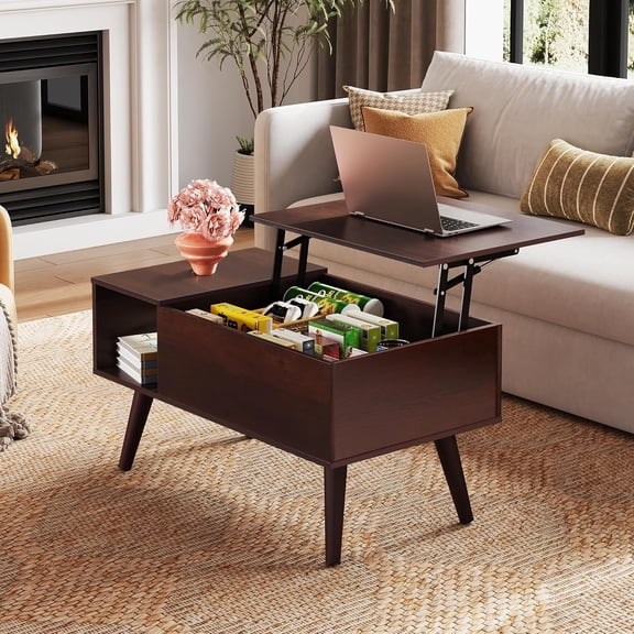 GALAXHERO 31.5" Coffee Table for Living Room Small Coffee Table with Shelf & Hidden Compartment Lift Top Modern Wooden Dining Center Table with Storage Espresso