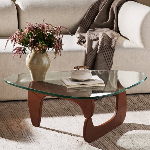 GALAXHERO Small Glass Coffee Table with Solid Wood Legs 36" Mid Century Triangle Living Room Tables Modern Center Table for Living Room, Reception, Office, Espresso