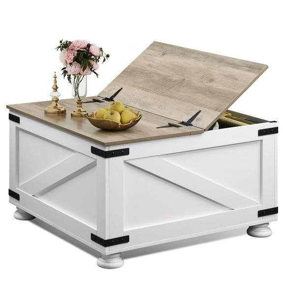GALAXHERO Coffee Table, Square Wood Flip-Top Center Table for Living Room and Bedroom with Hidden Storage, 31.5" White