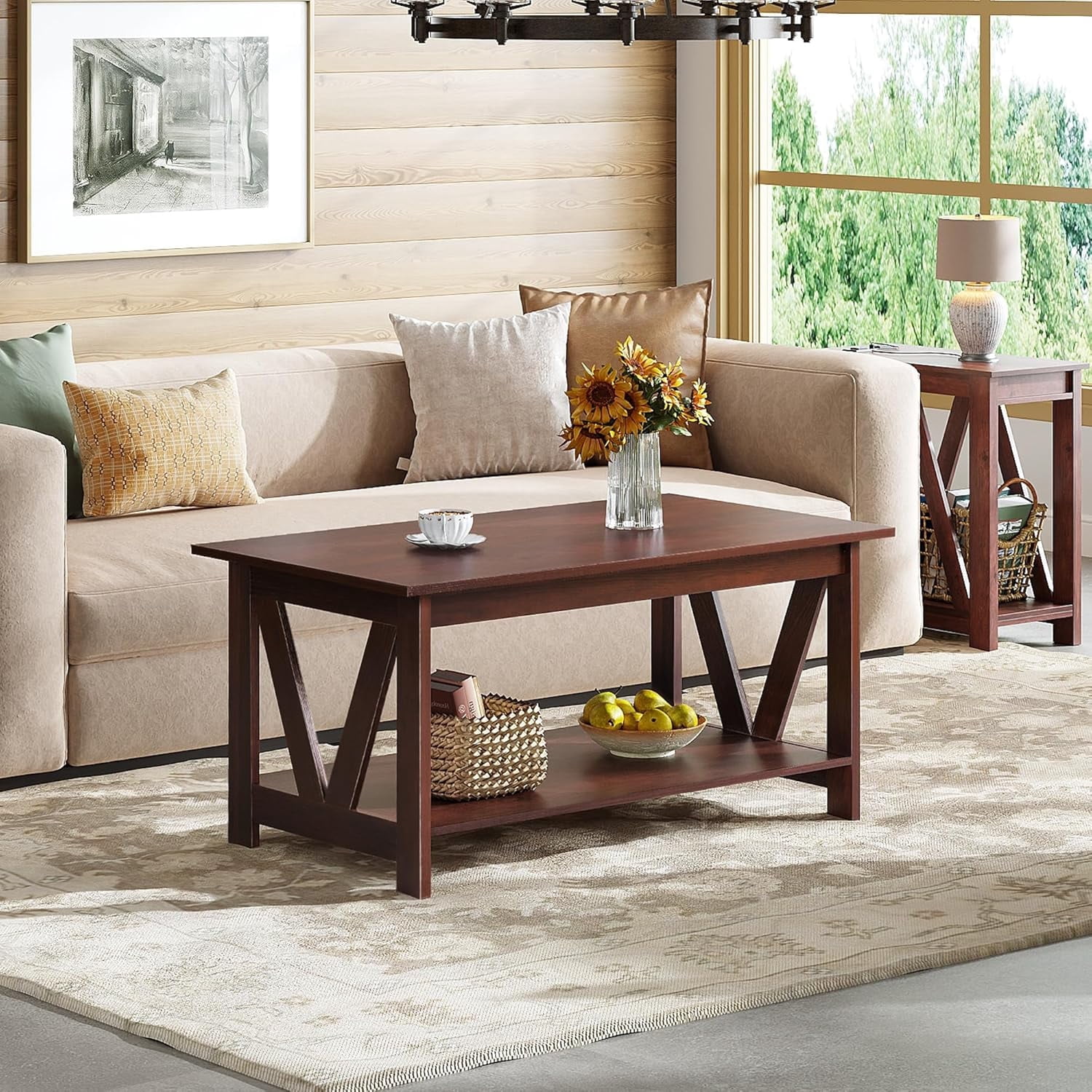 GALAXHERO 39.4" Coffee Table with Storage Shelf Farmhouse Coffee Table with V-Frame Support 2-Tier Wood Rustic Center Table for Living Room, Bedroom & Balcony, Espresso