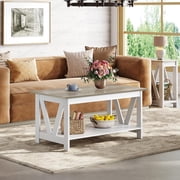 GALAXHERO 39.4 Coffee Table with Storage Shelf Farmhouse Coffee Table with V-Frame Support 2-Tier Wood Rustic Center Table for Living Room, Bedroom & Balcony, Greige & White