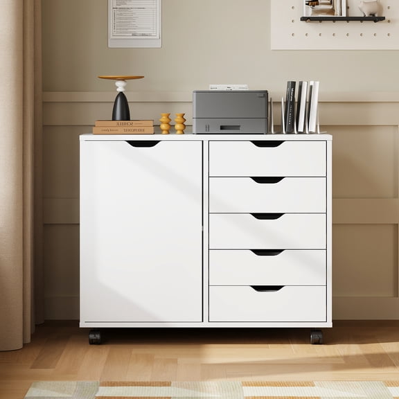 GALAXHERO 5-Drawer Storage Cabinet, Mobile Printer Stand Filing Cabinet for Home Office, Wood File Cabinet, White