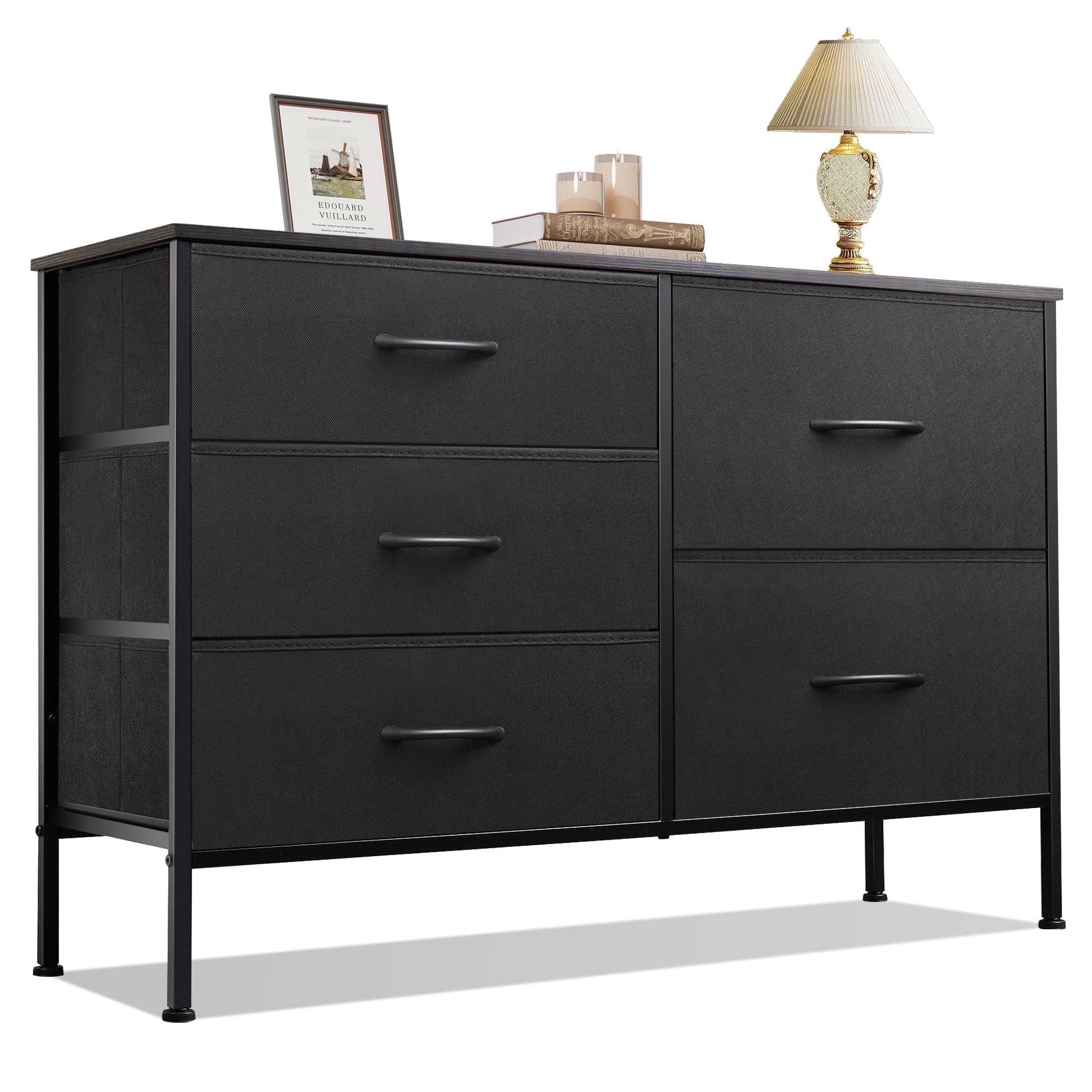 GALAXHERO 5 Drawer Dresser for Bedroom, Wide Chest of Drawers Nightstand Storage Organizers with Wood Top for Living Room, Hallway, Charcoal Black
