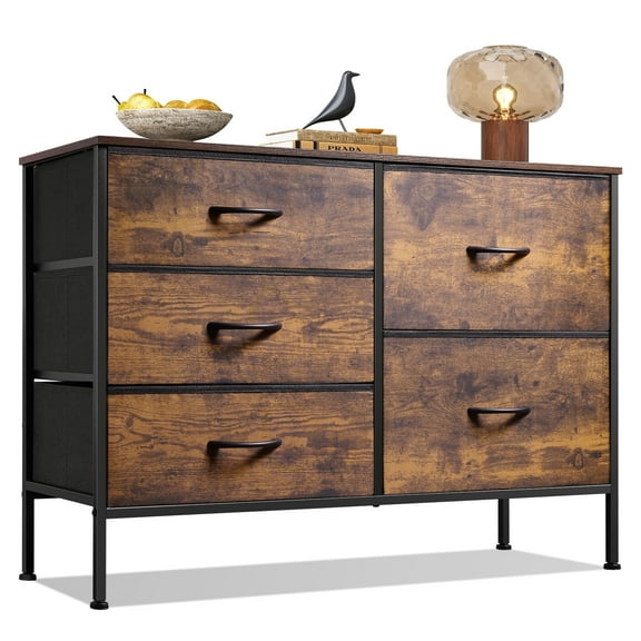 GALAXHERO 5 Drawer Dresser for Bedroom, Wide Chest of Drawers Nightstand Storage Organizers with Wood Top for Living Room, Hallway, Rustic Brown Wood Grain