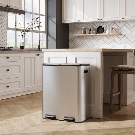 GALAXHERO Dual Compartment Garbage Cans, Stainless Steel Kitchen Trash Can with Handles, Soft-Close Lid, Deodorizing Filter Box, 2 x 8 Gallon, Silver
